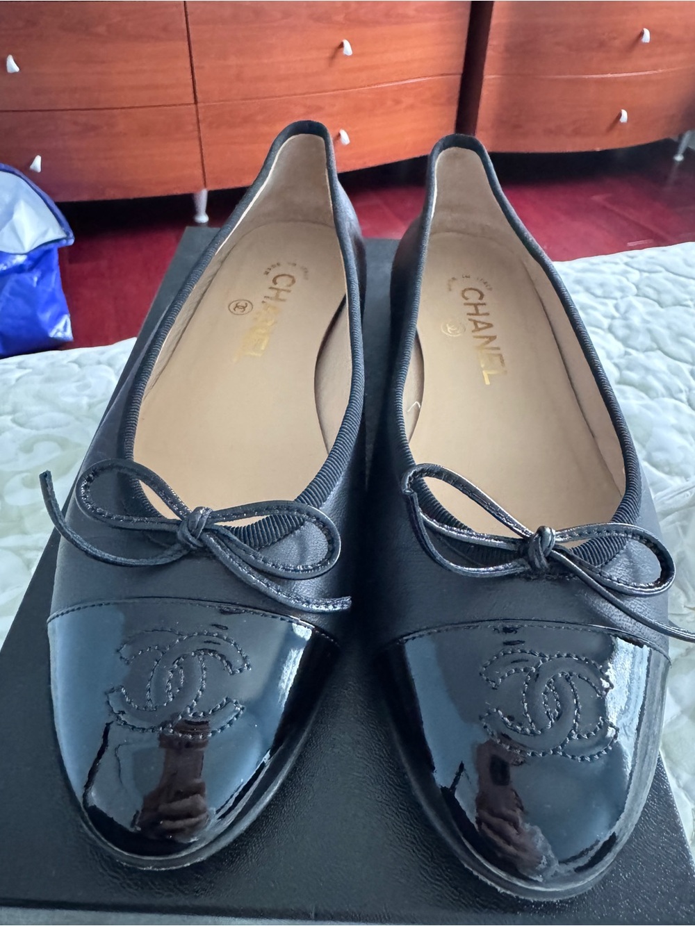 CHANEL Black Patent Cap-Toe Bow Ballet Flats